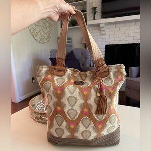 Fossil Canvas Leather Suede Tote Tan EUC